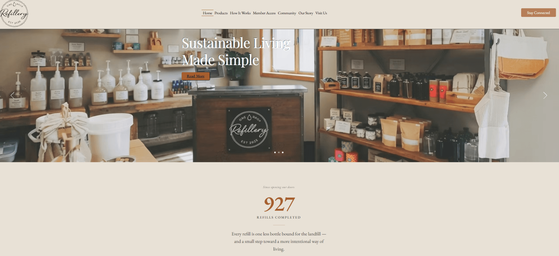 One Drop Refillery website homepage showing the shop interior and product catalog