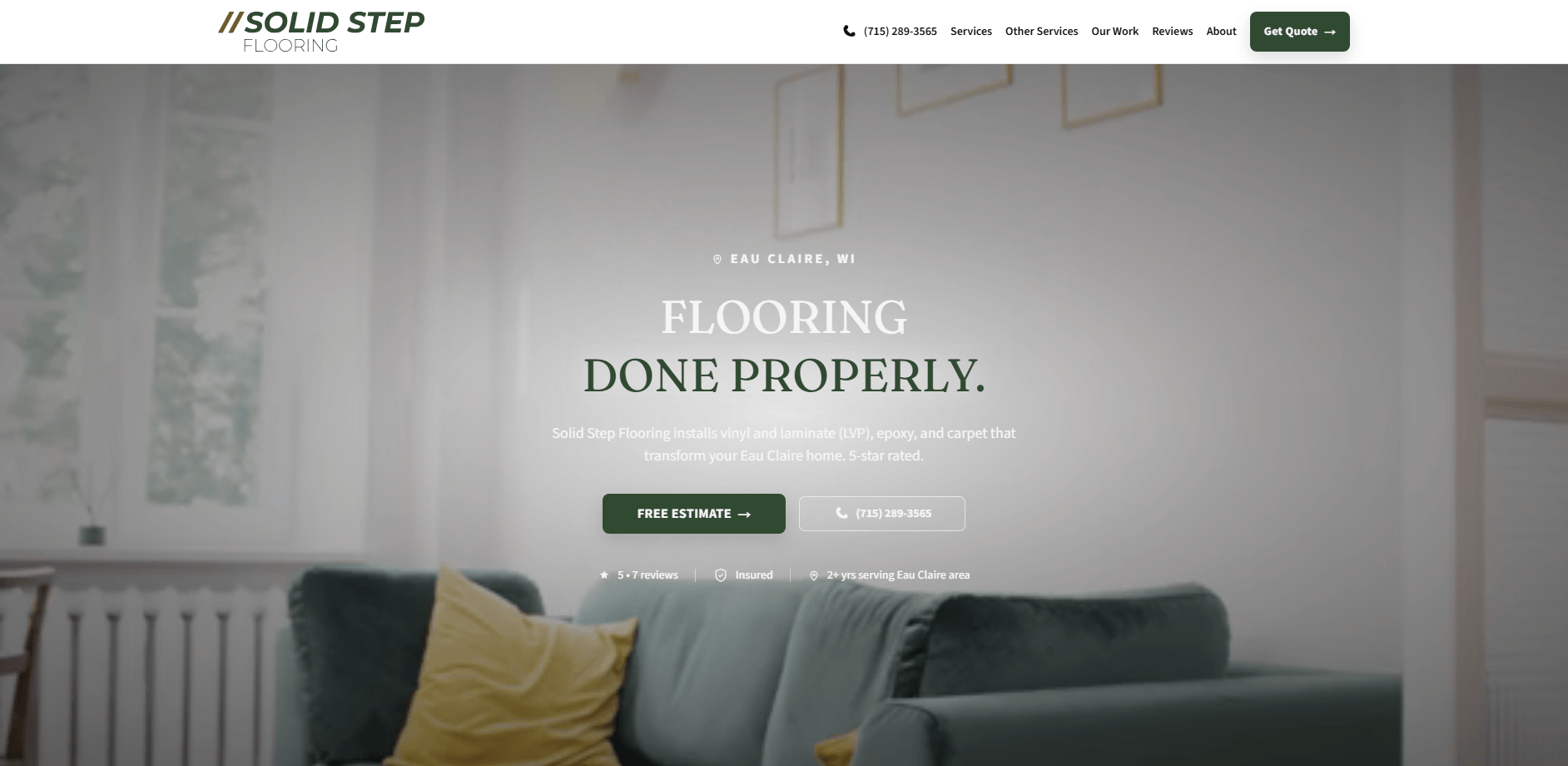 Solid Step Flooring homepage with the headline Flooring Done Properly over a living room photo